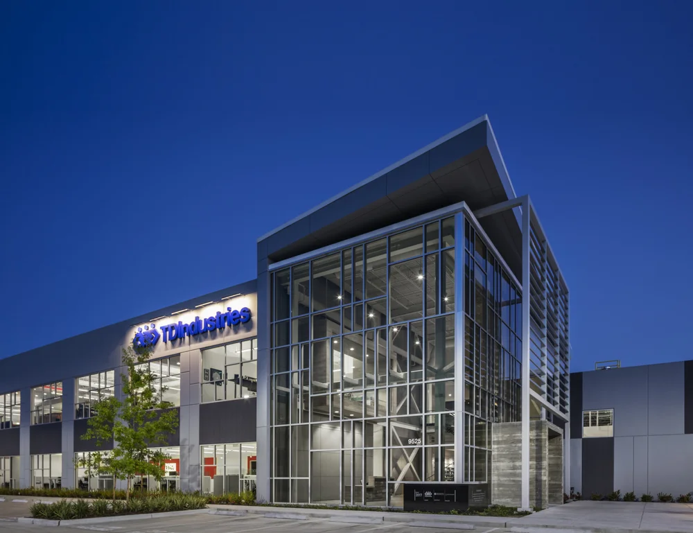 TDIndustries Houston regional office exterior at dusk