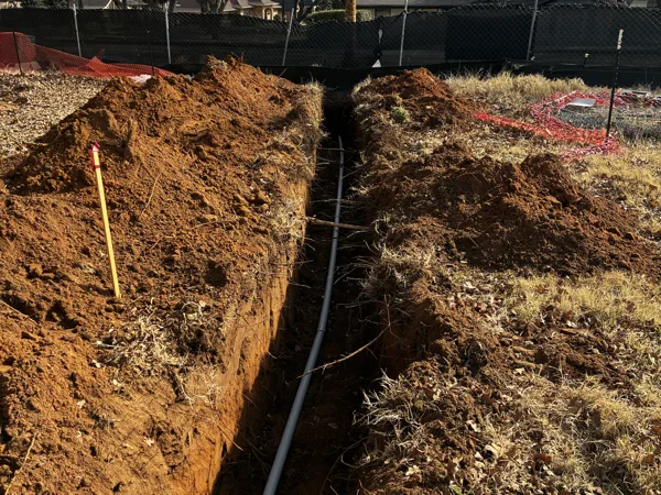 Trench with conduit running under mature trees beside the site
