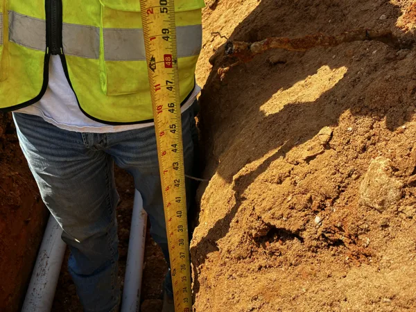 Tape measure showing the depth of the conduit trench