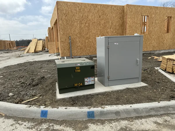 Pad mounted transformer and meter cabinet set beside a framed building