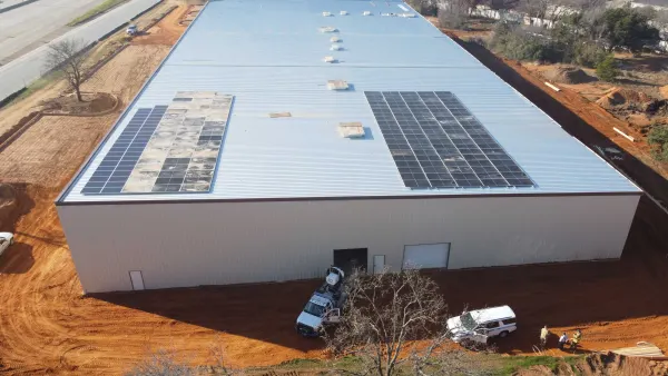 131 kW solar array on the standing-seam metal roof of a sports facility under construction in Fort Worth, Texas