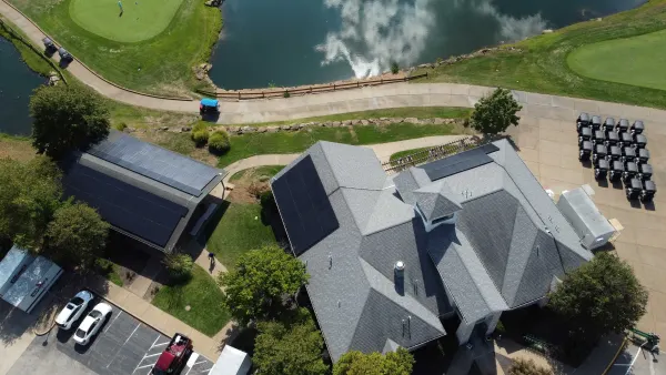 Top-down view of a 53 kW solar array on the clubhouse and cart shed of Links of Dardenne golf course in O'Fallon, Missouri
